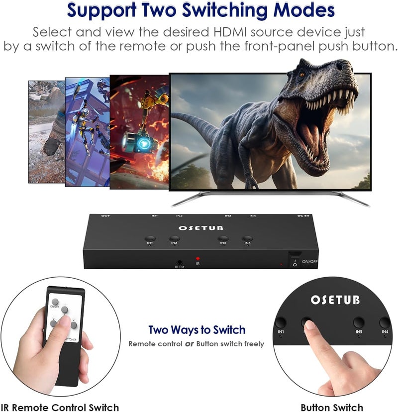 OseTub 4K@60Hz 4 in 1 Out HDMI Switch, 4 Port HDMI Switcher Selector Support HDR10 & HDCP 2.2 & Full 3D with IR Remote Control Compitable with Nintendo Switch,Xbox PS5/4,Fire Stick,Roku,Apple TV for Gaming - Image 3